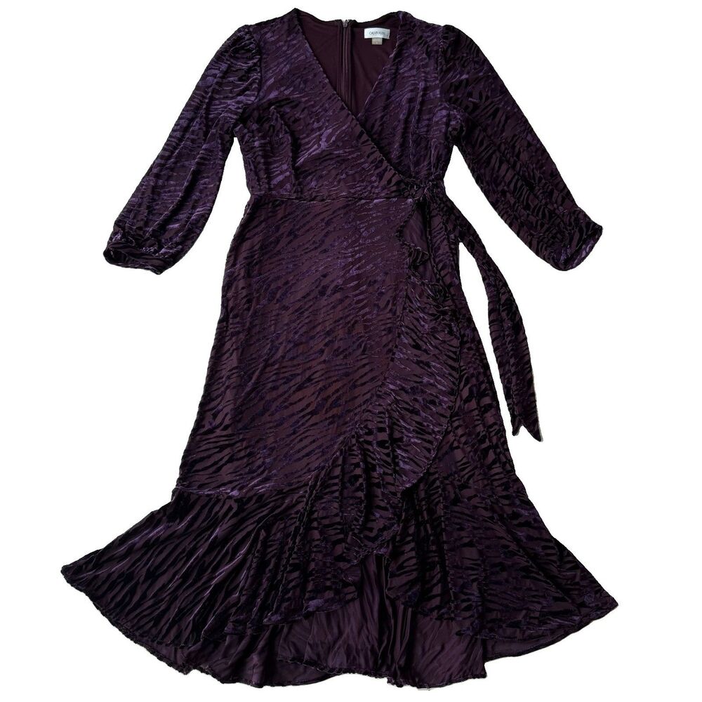 Calvin Klein Women’s 10 Purple Velvet Burnout Zebra Print Fit & Flare Midi Dress